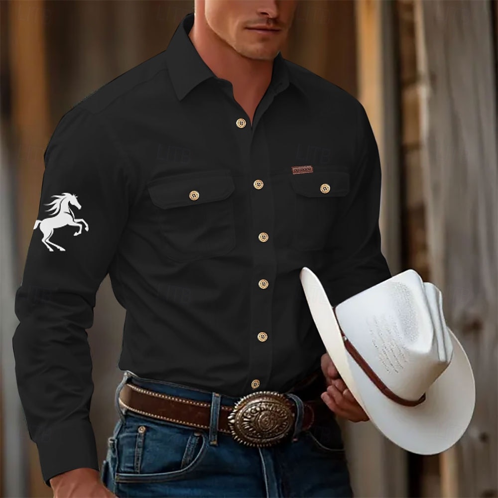 Hombre Animal Caballo Camisas de trabajo camisa occidental Camisa cargo Manga Larga Táctico retro de la vendimia Deporte Para trabajo Primavera Otoño Cuello Vuelto Dos bolsillos delanteros Camisas 2026 - $29.99 –P5