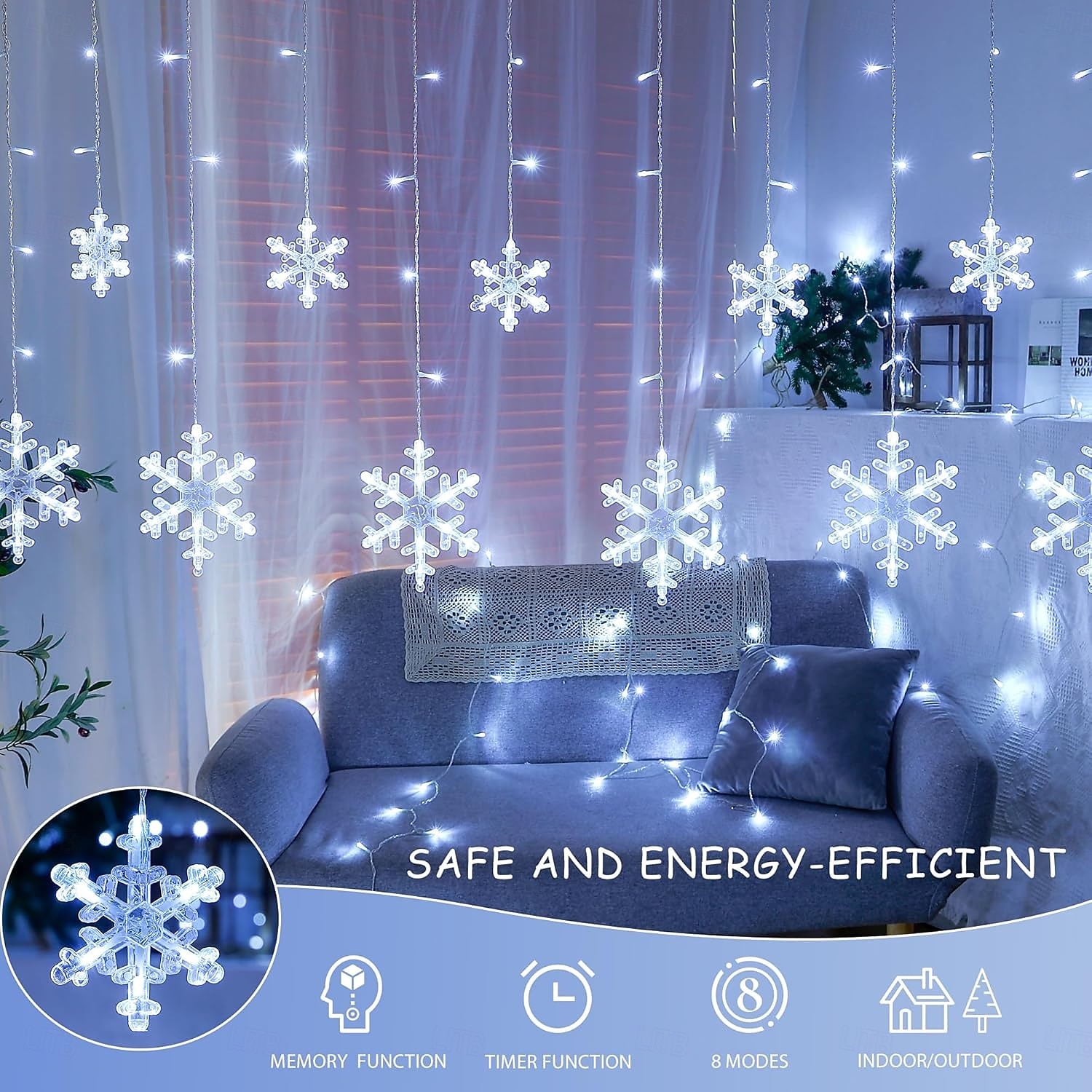 12 fot/3,5 m snøfnugg gardin nattlys usb-drevet 8 moduser istapp fe string lys til jul bryllup ferie hage innendørs utendørs fest dekorasjon 2025 - $13.49 –P7