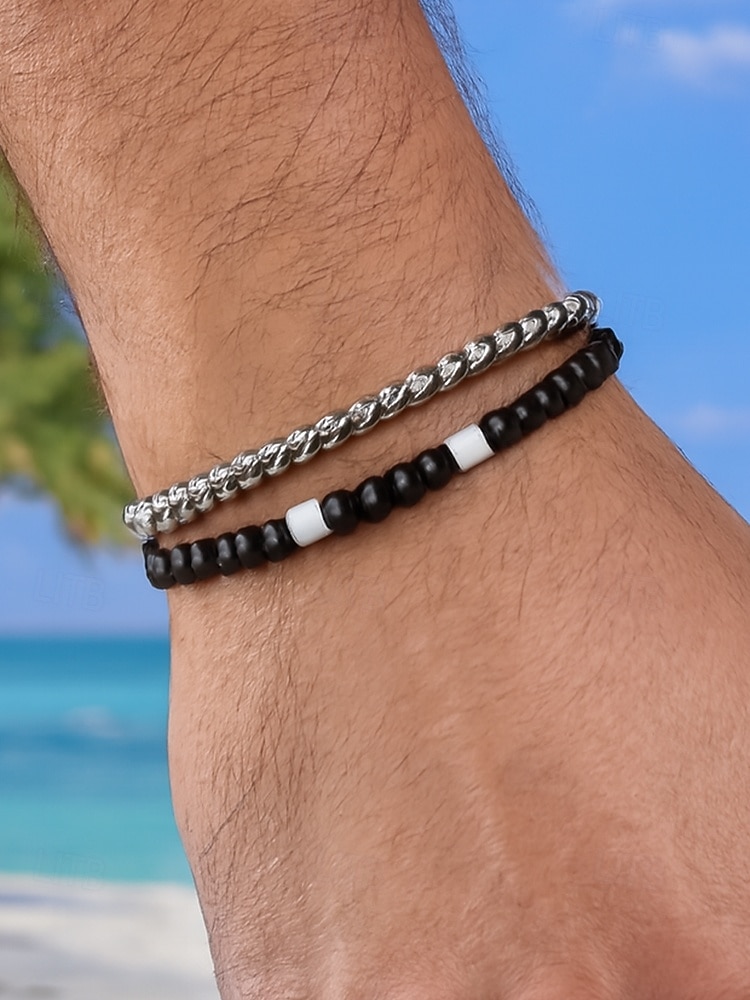 مجموعة أساور رجالية من الخرز الفيروزي والسلسلة الفضية - مجوهرات قابلة للتعديل على طراز شاطئ بوهو للملابس غير الرسمية والصيفية وملابس العطلات 2025 - $7.99 –P4