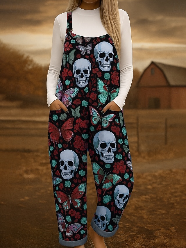 Macacão feminino 100% algodão, leve, gráfico, sem mangas, perna larga, gola redonda, com bolso, férias, diário, ajuste solto, vermelho, azul, roxo, verão de 2025 por $45.99 –P1