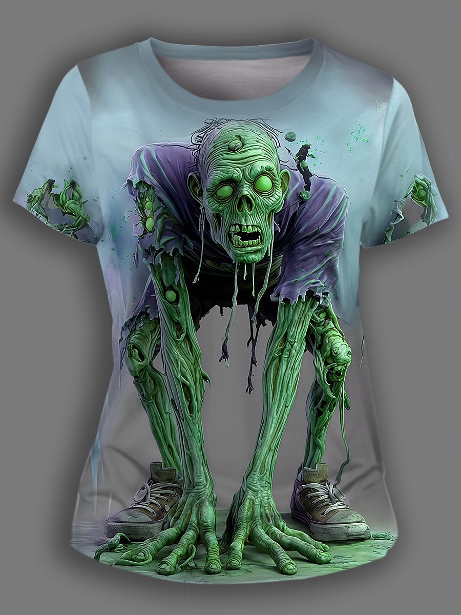 Halloween Dame T skjorte Grafisk Hodeskaller Fritid Morsom Kortermet Crew-hals Rund hals Vanlige topper Daglig Ut på byen Helg Trykt mønster Gul Blå Lilla Grønn Sommer 2025 - $19.99 –P3