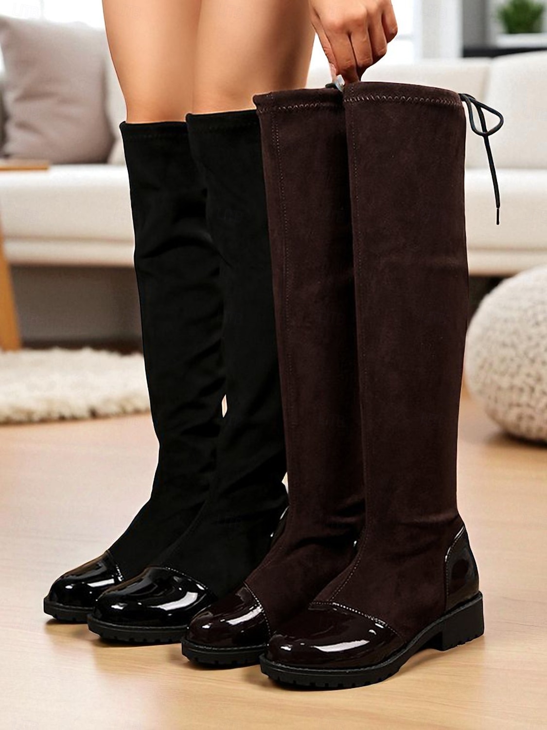 Botas femininas pretas acima do joelho com biqueira de couro envernizado – botas altas elásticas casuais e chiques para uso diário, festas e moda de rua de 2025 por $34.99 –P1