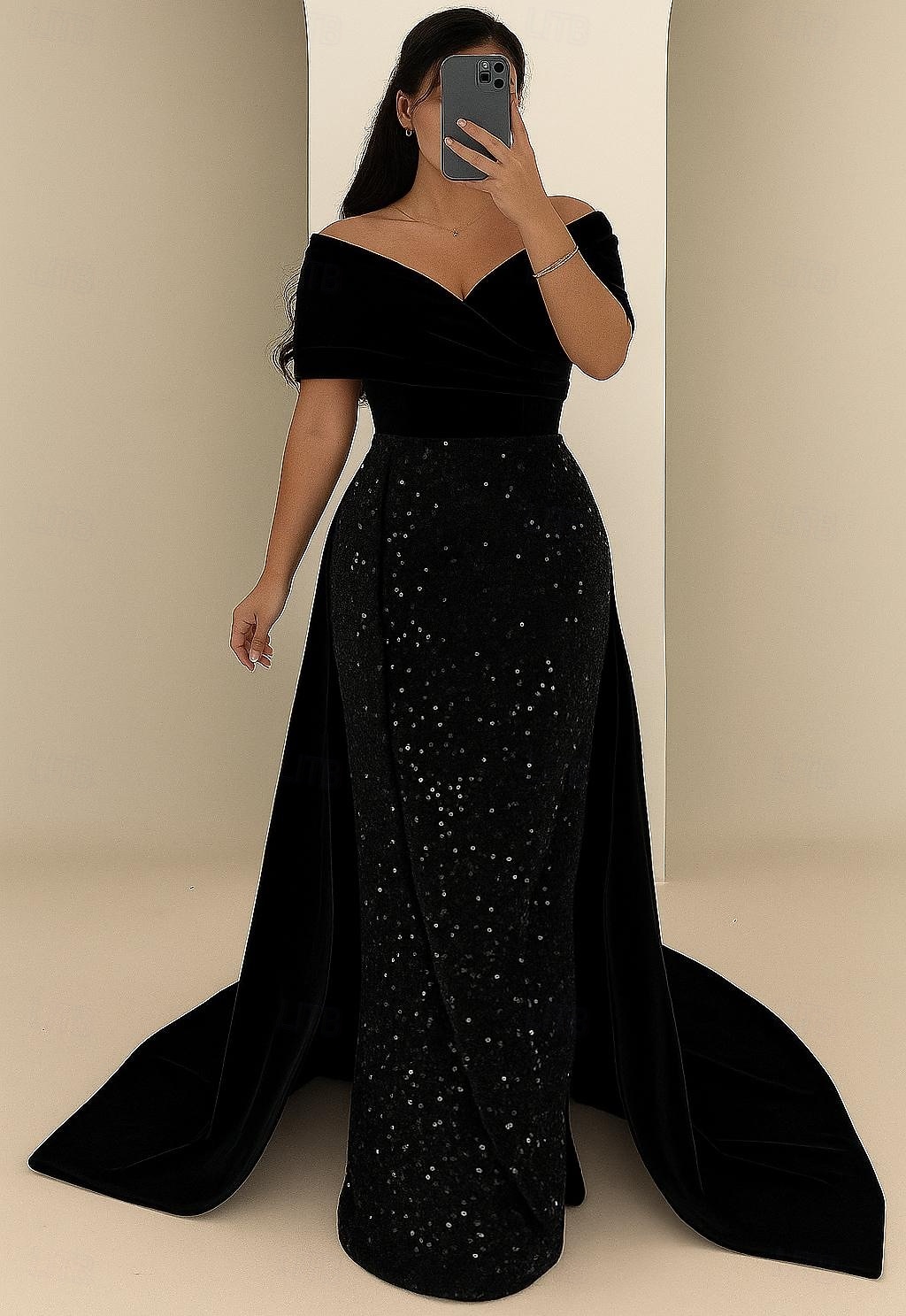 A-Line Sheath Column Floor Length Evening Gown Ball Gown with Overskirt Formal Dress Elegant Glittering Black Dress Short Sleeve Off Shoulder Wedding Formal Satin Velvet with Glitter 2026 - $172.99 –P1
