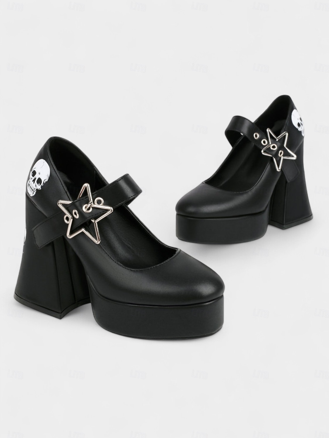 Γυναικεία μαύρα τακούνια πλατφόρμας Mary Jane με τύπωμα νεκροκεφαλής και αγκράφα με αστέρι – γοτθικά παπούτσια για το Halloween για πανκ μόδα, cosplay και θεματικές εκδηλώσεις 2025 - $64.99 –P2