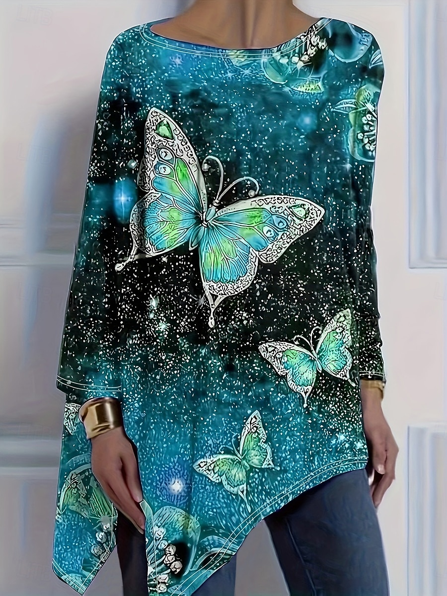 Damskie Podkoszulek Nadruk Asymetryczny/a Graficzny Geometryczny Motyl Zabytkowe Elegancki Codzienny Długi rękaw Półgolf Długie topy Codzienny Żółty Fioletowy Zielony Wiosna Jesień 2026 - $29.99 –P3