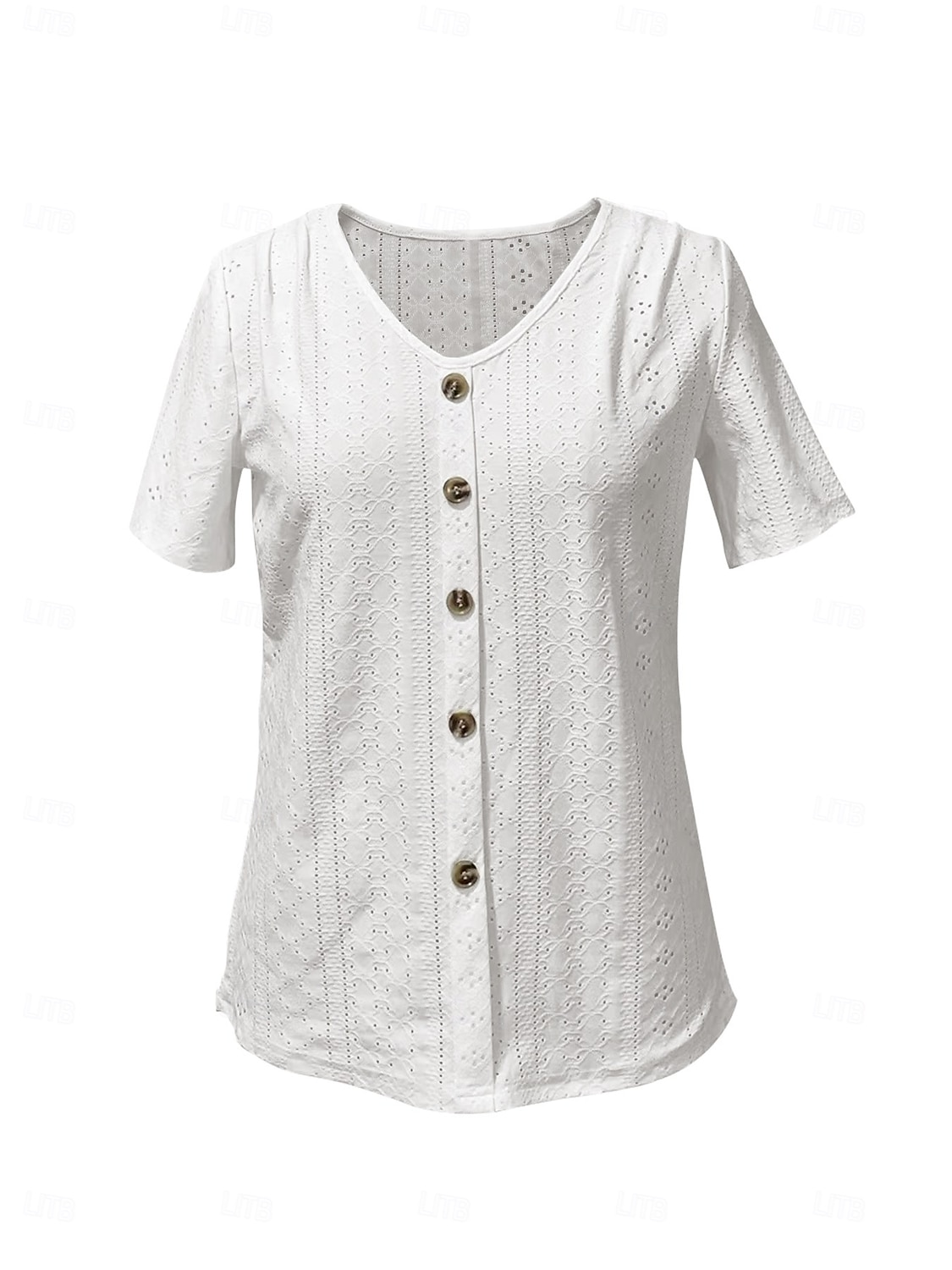 Hauts en dentelle blancs élégants pour femmes Blouse en œillets Hauts quotidiens réguliers à manches courtes col en V Boutons Détente ample Hauts romantiques petits pour l'été Vacances Blanc Rose de 2025 ? $21.99 –P2