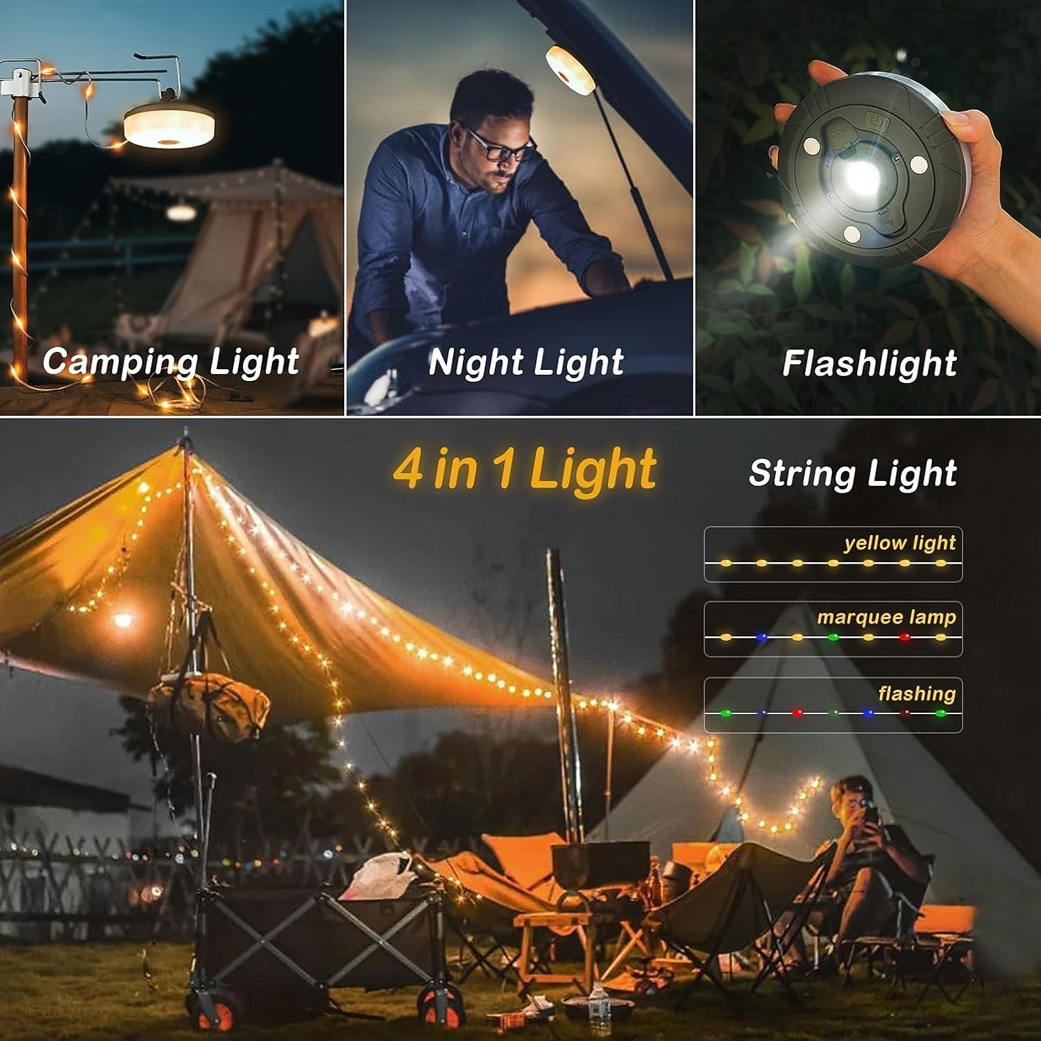 Guirlande lumineuse de camping, guirlande lumineuse d'extérieur 4 en 1 avec 8 modes d'éclairage, guirlande lumineuse de camping rétractable portable pour randonnée en plein air, jardin, fête, de 2025 ? $21.99 –P4