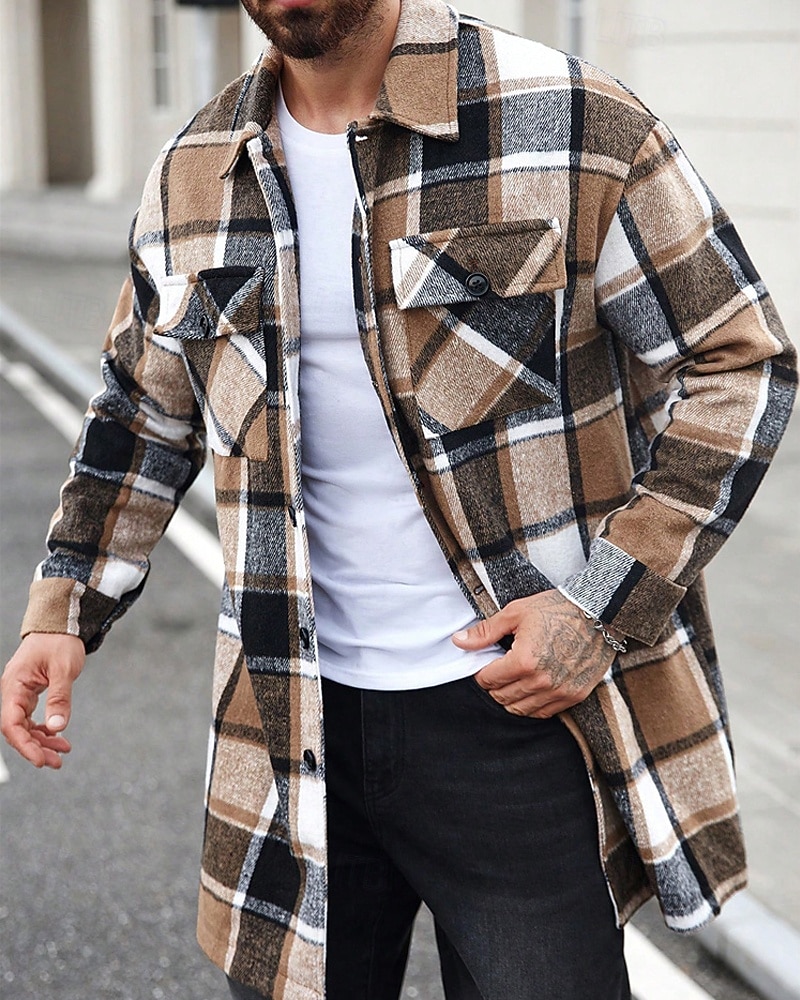 Herren Leichte Jacke Hemdjacke Freizeitjacke Jacke-Shirt Urlaub Täglich Thermowarm Tasche Frühling Herbst Karomuster Mode Klassisch Revers Regulär Schwarz Wein Orange Khaki Armeegrün Jacken 2025 - $42.99 –P11