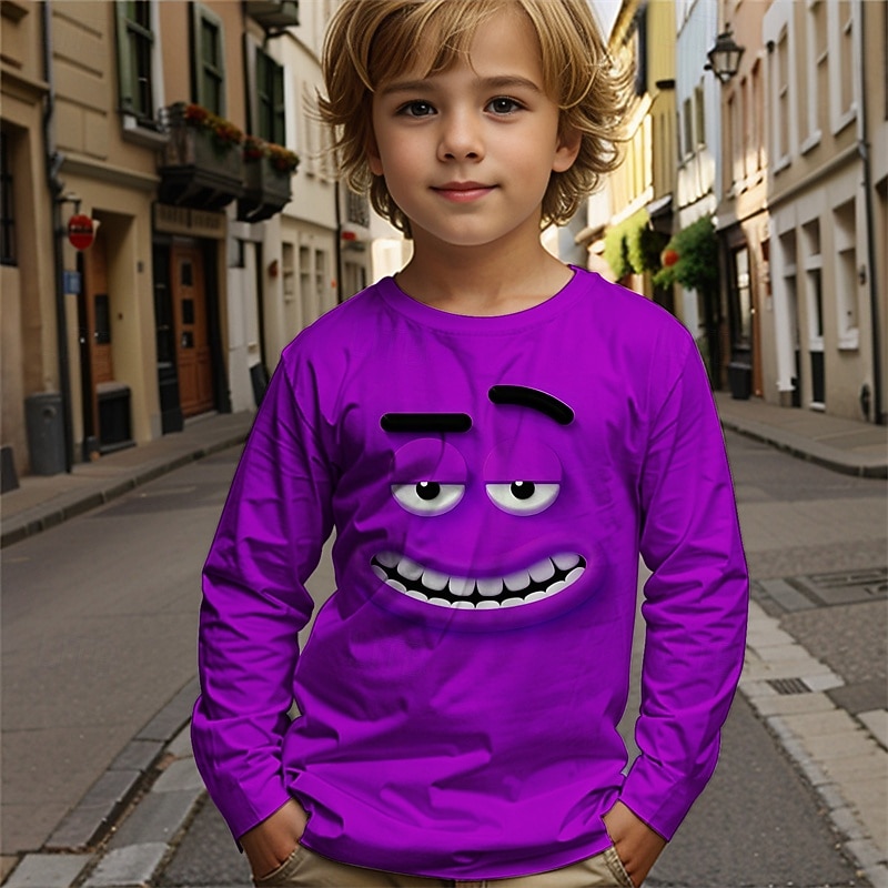 Pojkar tecknat roligt leende ansikte t-shirt långärmad 3D-tryck höst vintermode grundläggande barn 4-12 år rund hals utomhus casual daglig normal passform 2025 - $13.99 –P3