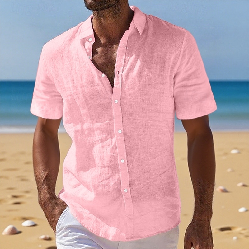 Per uomo Camicia di lino Camicia Estiva Abbigliamento da spiaggia Camicia con Bottoni Semplice Vacanza Crociera Nero Bianco Verde chiaro Rosa Manica Corta Collo ripiegato Estate Abbigliamento del 2025 a $20.99 –P9