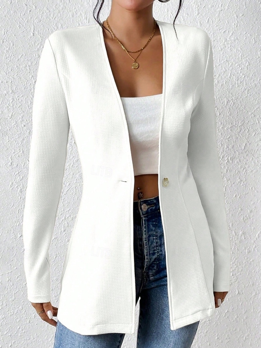 Dame Blazer Bekvem Pustende Knapper OL-stil Fritid عادي Kontor Gate Avslappet Dagligdagstøy Enkeltkneppet Normal V-hals Normal Langermet Yttertøy Svart Hvit Rød Vår Høst 2025 - $34.99 –P2