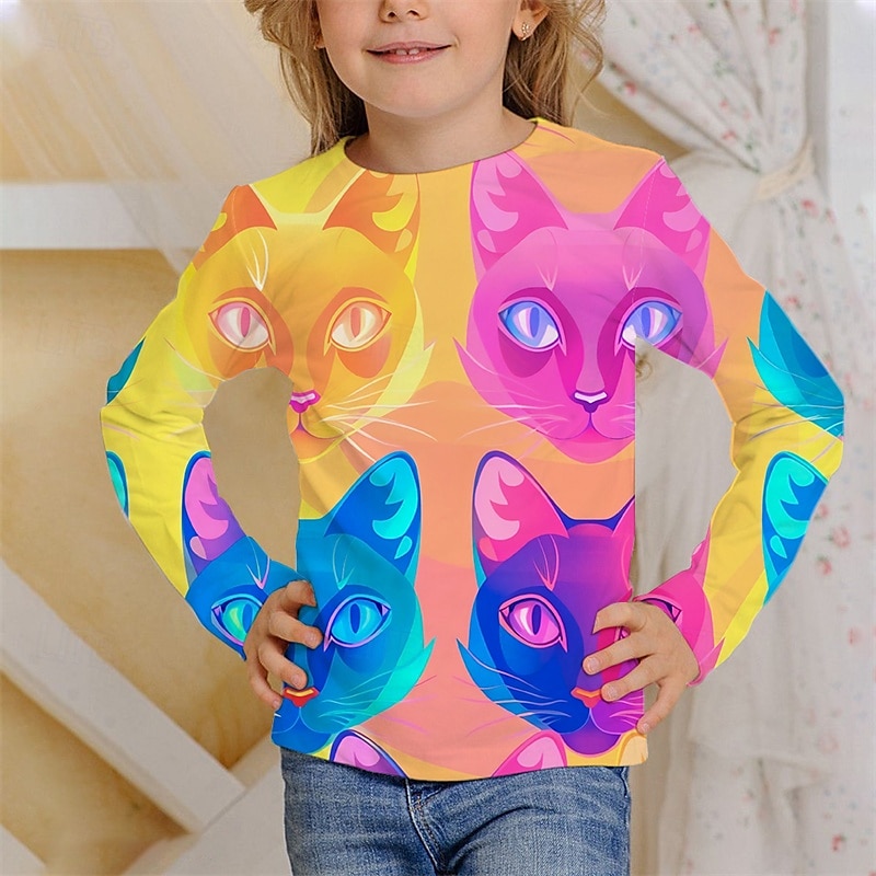 Flickor 3D Djur Katt T-shirt Långärmad Vår Höst Mode Grundläggande Barn 4-12 år Rund hals Utomhus Ledigt Dagligen Normal 2025 - $13.99 –P1