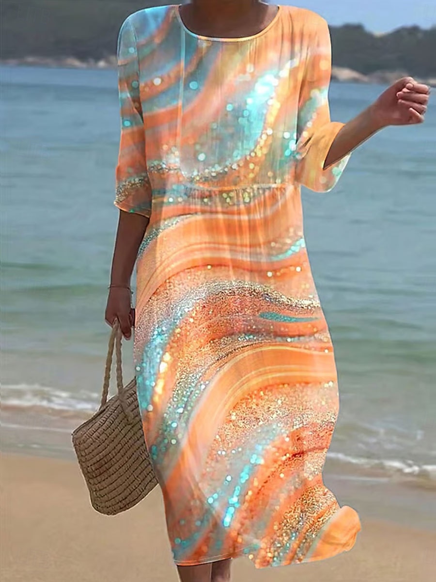 Damen Maxi Kleid Kaftan 3/4 Länge Ärmel Rundhalsausschnitt Lässiges Kleid A-Linie Kleid Boho Reguläre Passform Grafisch Geometrisch Abstrakt Gelb Pink Blau Orange Frühling Herbst 2025 - $41.99 –P3