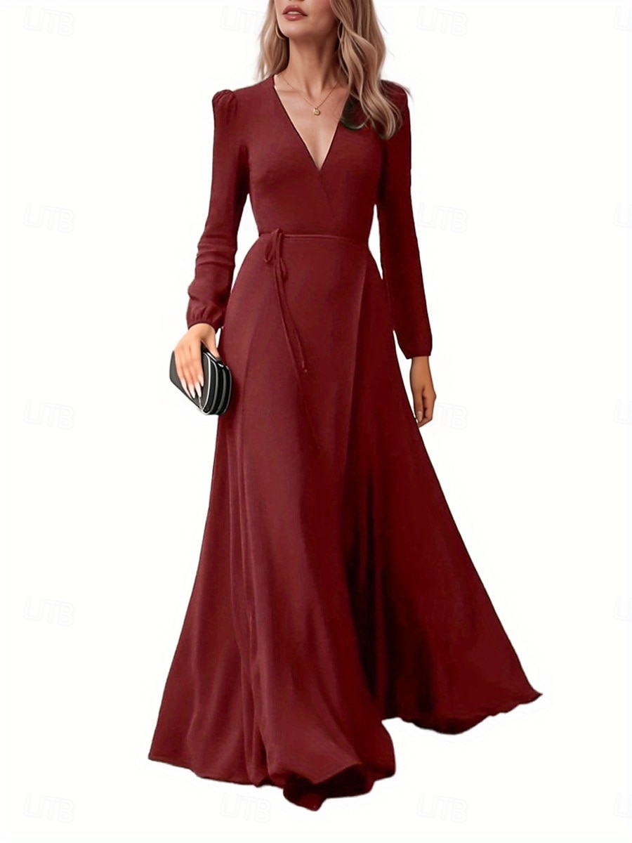 Pentru femei Rochie Maxi lungă Rochie Boho pentru invitați de nuntă Elegant Boemia Stilat Fit regulat Simplu Manșon Lung În V Negru Roșu Vin Trifoi Primăvară Toamnă 2025 - $27.99 –P2