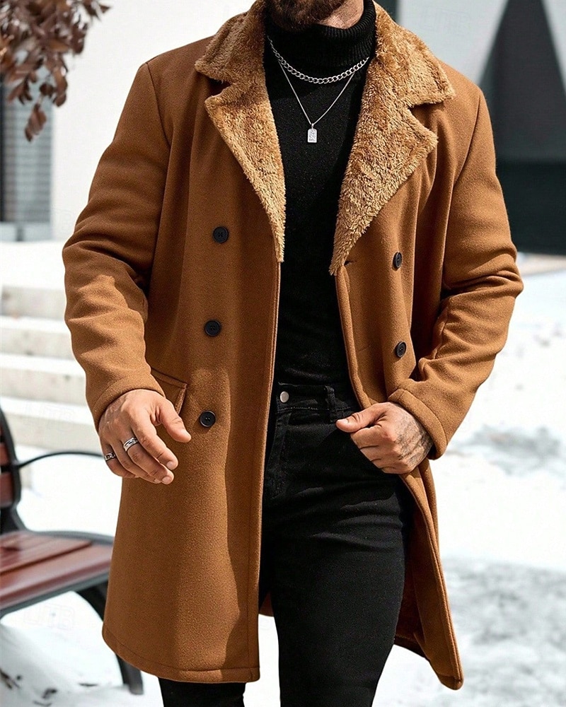Herr Fleece-jacka Peacoat Trenchcoat Semester Dagligen Höst Vinter Polyester Håller värmen Ytterkläder Kläder Mode Klassisk Slät Ficka Kavajslag Dubbelknäppt 2025 - $52.99 –P1