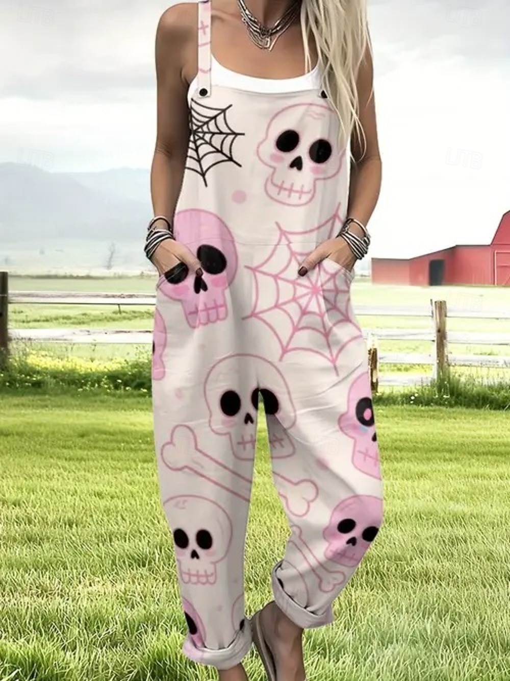 Salopette da donna 100% cotone attiva senza maniche dritta con scollatura quadrata e tasche per vacanze quotidiane fit rilassato nero rosa viola estate del 2026 a $54.99 –P3