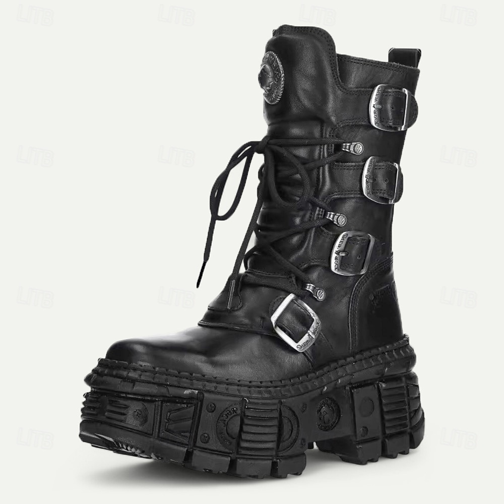Gothic-Punk-Kampfstiefel für Herren, echtes Rindsleder mit Schnallenriemen und klobiger Plateausohle, alternatives Modeschuhwerk für Partys, Festivals und Streetwear 2026 - $139.99 –P2