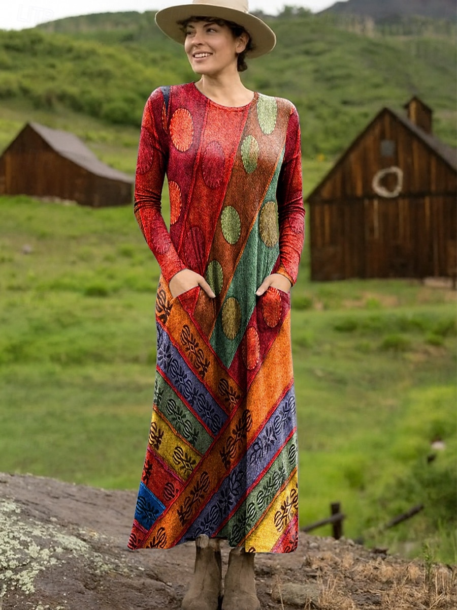 Damen Maxikleid T-Shirt-Kleid Lässig Täglich Ausgehen Normale Passform Grafik Geometrisch Langarm Rundhalsausschnitt Rote Leicht Braun Orange Braun Sommer Frühling Herbst 2025 - $31.99 –P1