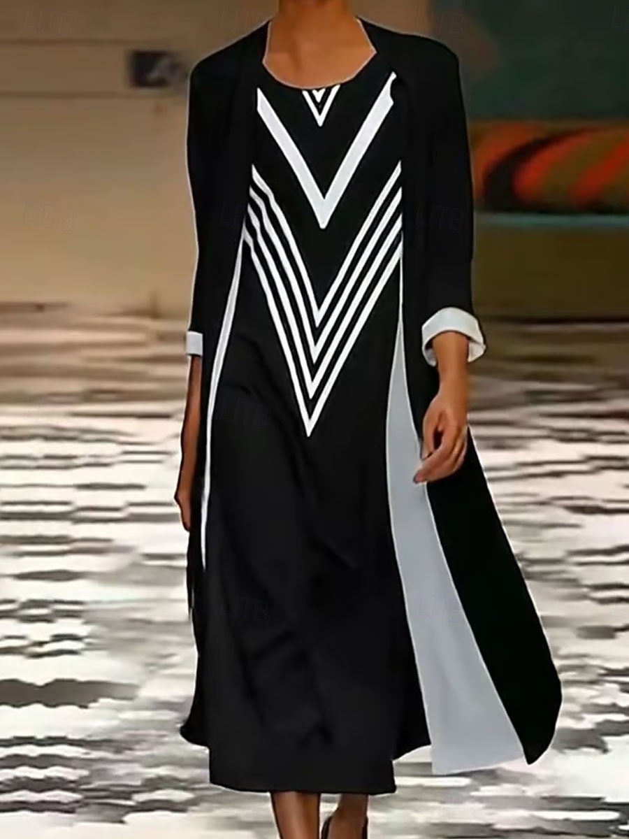 Dame Kjolesett Maxikjole Skiftkjole Sommerkjole Fritid Grafisk Geometrisk Multi Layer Trykt mønster Maxikjole 3/4 ermer Crew-hals Daglig Svart Blå Oransje Vår Høst Løstsittende 2025 - $36.99 –P1