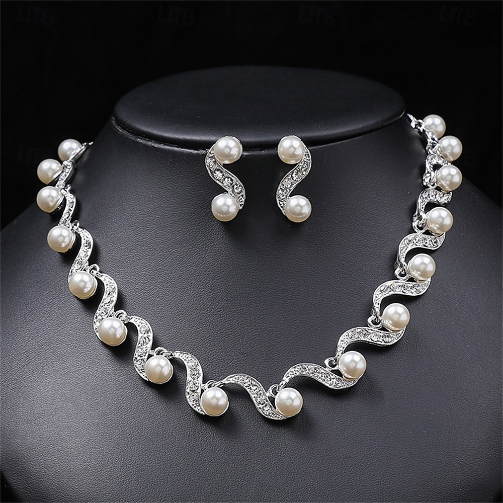 Juego de Joyas 2 Perla Cromo Pendientes Collare Mujer Elegante Vintage Moda Estilo retro Clásico Conjunto de joyas Para Boda Fiesta Invitado a la boda 2026 - $17.49 –P6