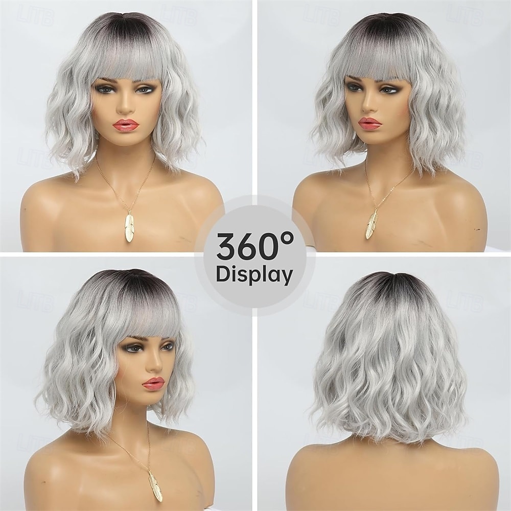 Short Silver Wigs for Women Ombre Grey Wavy Bob Wig with Bangs Medium Length Synthetic Hair Water Wave Dark Roots Wig Gray Colorful Wigs 2026 - $23.99 –P5