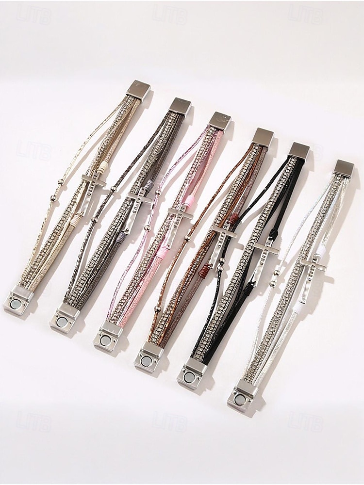 Dámský vícevrstvý náramek s křížkem a kamínky – inspirativní „požehnaný“ náramek z umělé kůže pro běžné nošení, do kostela i na zvláštní příležitosti 2026 - $9.99 –P8