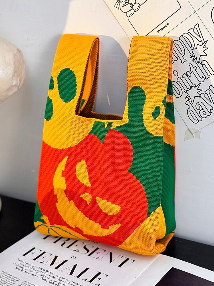 Dámská halloweenská taška – pletená kabelka se vzorem dýně a netopýra na koledování, ležérní opakovaně použitelná taška přes rameno na párty, nákupy a vánoční dárek 2025 - $9.99 –P6