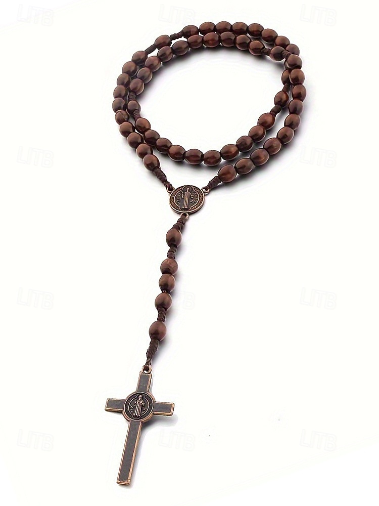 Rosario de madera para hombre con medalla de San Benito y crucifijo: cuentas de oración católicas para el culto religioso, la reflexión espiritual y la devoción diaria. 2025 - $7.99 –P16