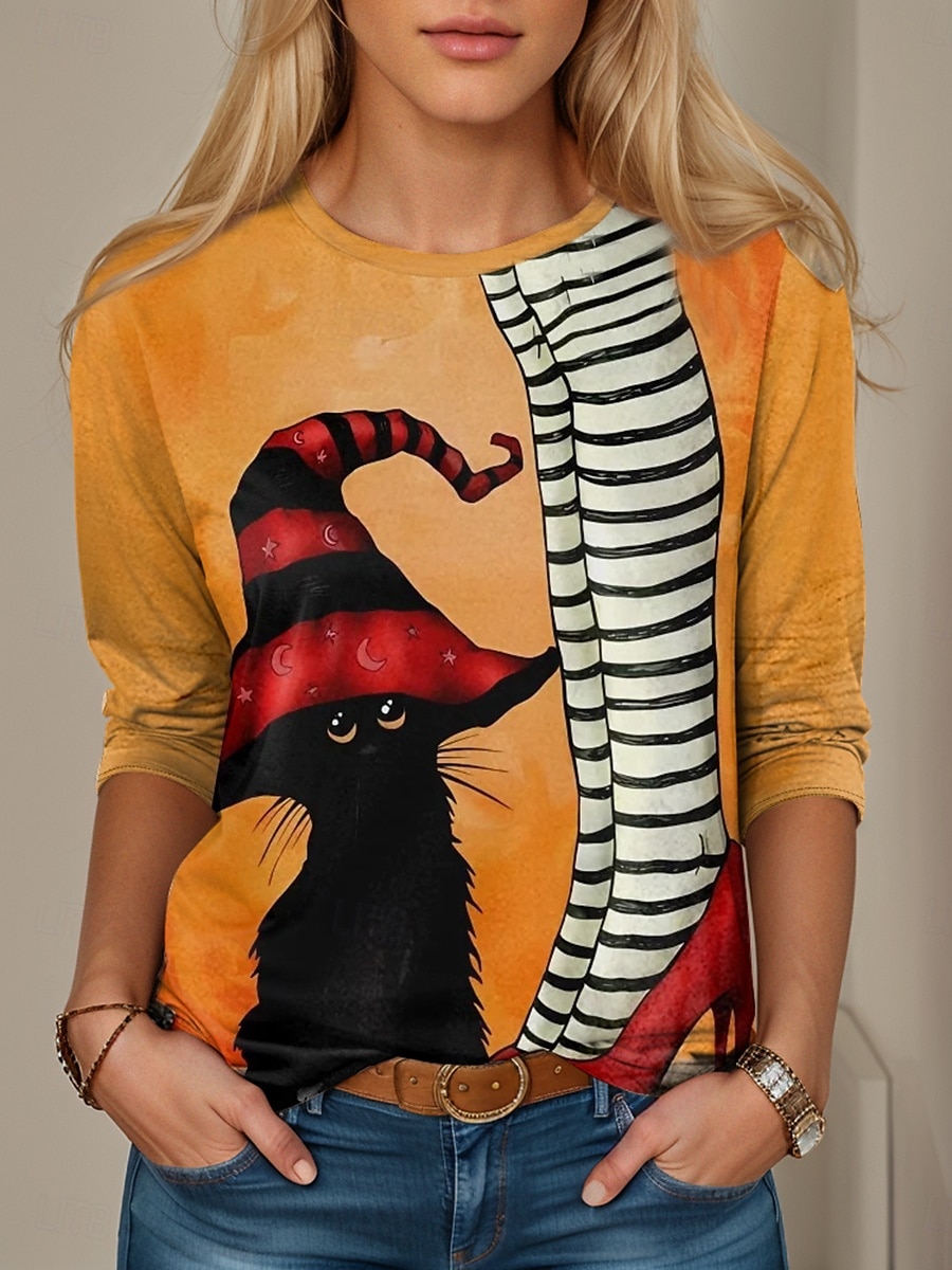 Halloween Γυναικείο T shirt Μάγισσα Μακρύ Λεβέτη Γραφικά Vintage Casual Μακρύ Λαιμό Κανονικά Μπλουζάκια Καθημερινή Εκτύπωση Ροζ Πορτοκαλί Χακί Άνοιξη Φθινόπωρο Προφθινόπωρο 2025 - $22.99 –P2