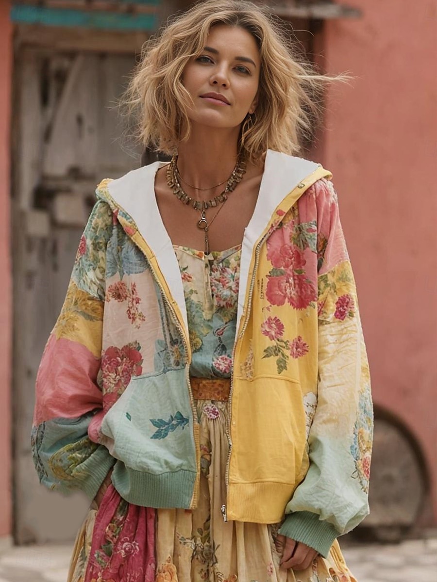 Felpa con cappuccio da donna in 3D stampato giacca a maniche lunghe con zip e tasca leggera casual micro-elastica felpa con cappuccio grafica floreale street abbigliamento quotidiano patchwork con del 2025 a $26.99 –P5