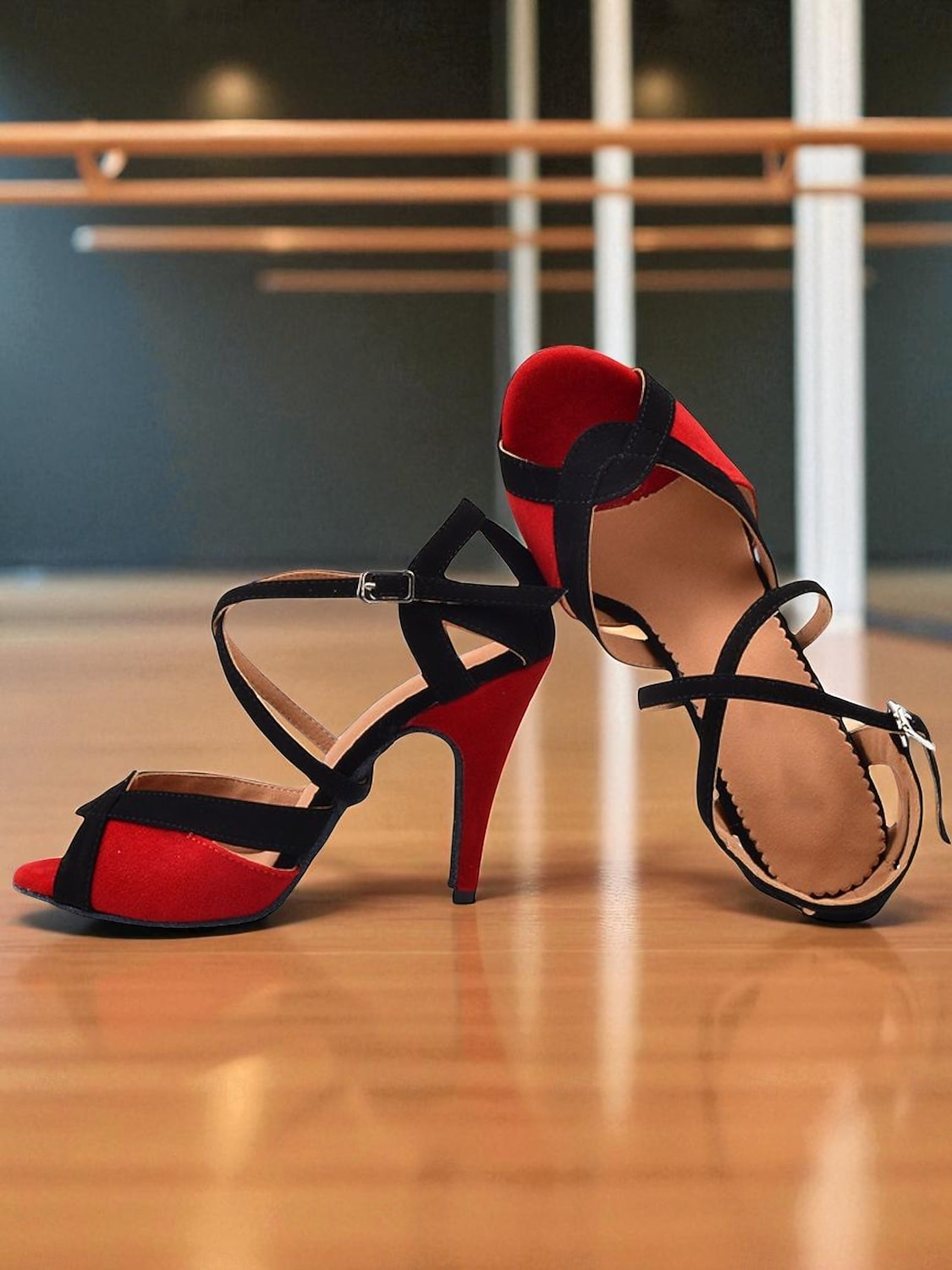 Chaussures de danse latine pour femmes en daim bleu et noir avec brides croisées, bout ouvert, talon haut - Chaussures de performance de salon professionnelles pour les compétitions et l'entraînement de 2025 ? $46.99 –P4