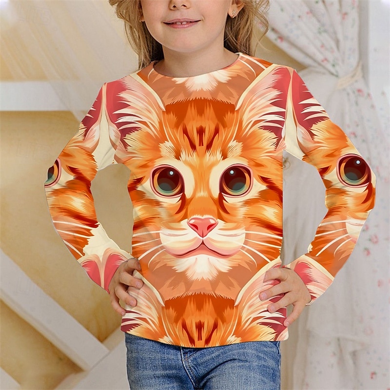 Flickor 3D Djur Katt T-shirt Långärmad Vår Höst Mode Grundläggande Barn 4-12 år Rund hals Utomhus Ledigt Dagligen Normal 2025 - $13.99 –P2