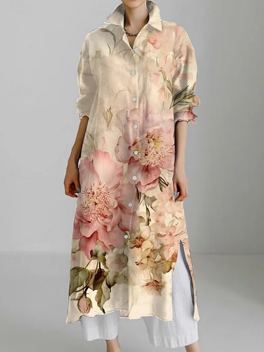 Women's Midi Dress Shirt Dress Casual Dress Fashion Modern Daily Holiday Weekend Regular Fit Floral 3/4 Length Sleeve Shirt Collar Pink Khaki Summer Spring Fall 2026 - $42.99 –P3