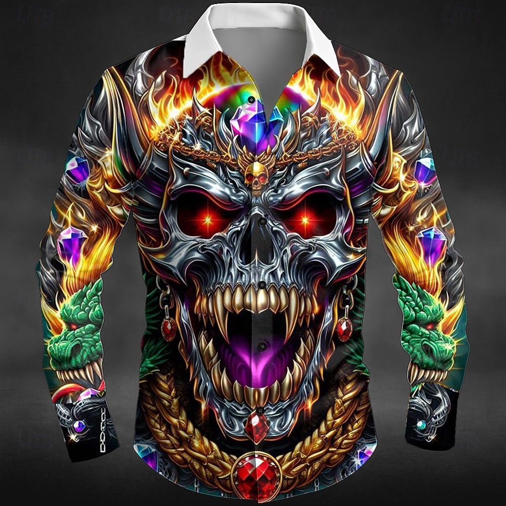 Homme Crâne Dragon Flamme Chemise Chemise Boutonnée manche longue Punk gothique sombre Extérieur Fête Été Printemps Col Rabattu Impression 3D chemises à col Violet Orange Vert de 2026 ? $27.99 –P1
