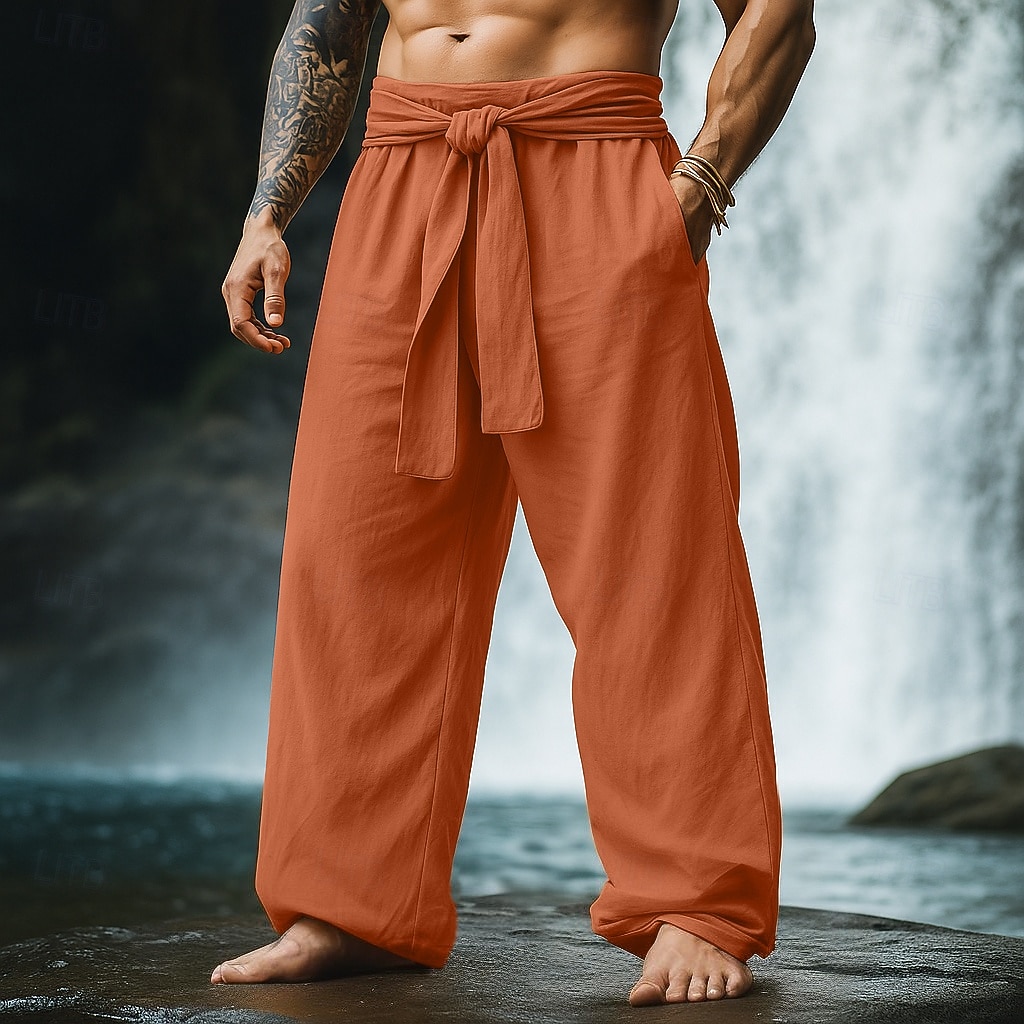 Homens Calças de linho Calças Calça verão Com Cordão Cintura elástica Perna larga Tecido Conforto Respirável Comprimento total Casual Diário Feriado Férias Moda Abóbora Branco Sem Elasticidade de 2025 por $27.99 –P9