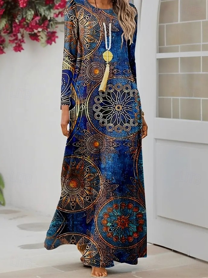 Damen Maxikleid A Linie Kleid Sommerkleid Urlaub Lässig Boho Täglich Normale Passform Grafik Geometrisch Langarm Rundhalsausschnitt Blau Sommer Frühling Herbst Winter 2025 - $36.99 –P1