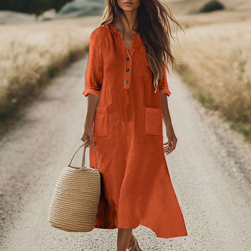 Per donna Abito Midi Abito Camicia Abito in cotone e lino Classico Moderno All'aperto Vacanza Uscire Vestibilità regolare Semplice Manica Lunga Scollo a V Nero Viola Arancione Azzurro Autunno del 2025 a $24.99 –P1