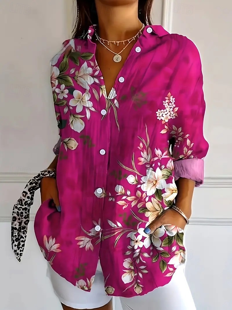 Women's Shirt Linen Like Breathable Lightweight Floral Graphic Elegant Bohemia Daily Long Sleeve Shirt Collar Regular Tops Work Daily Buttons Print Red Spring Fall Winter 2026 - $37.99 –P1