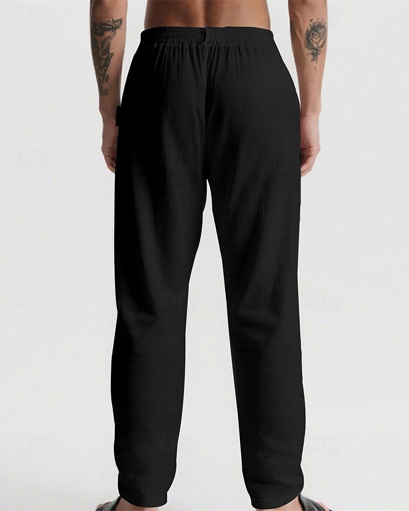 Herr Linne Byxor Långbyxor Sommarbyxor Strandbyxor Snörning Ficka Elastisk midja Slät Komfort Andningsfunktion Semester Dagligen Helgdag Hawaiisk Boho 다크 카키 Svart 2025 - $17.99 –P16