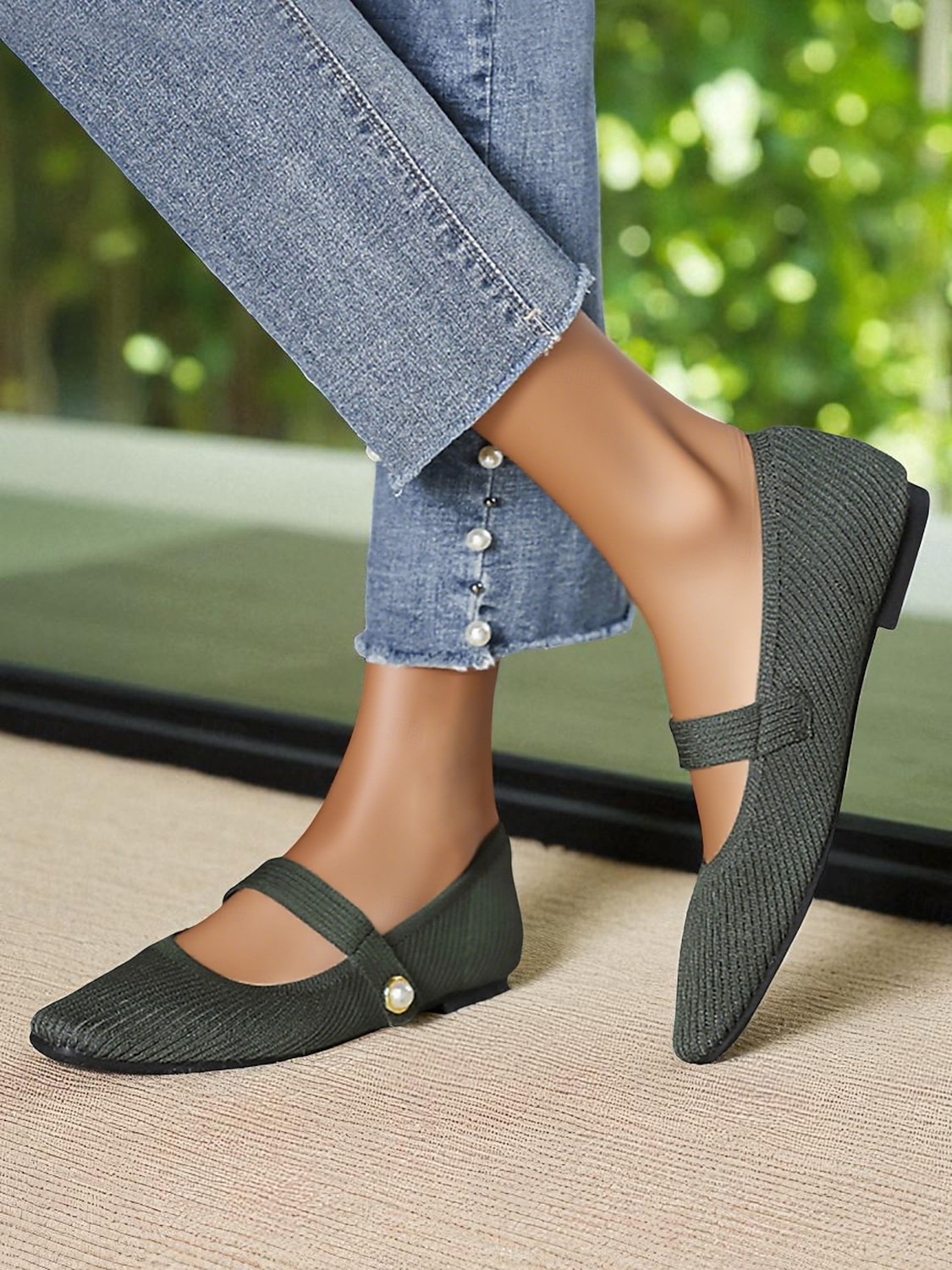 Beige stickade Mary Jane-skor med pärlrem för kvinnor - lätta, andningsbara vardagsskor för vardagsbruk, resor och kontorskläder 2026 - $42.99 –P7