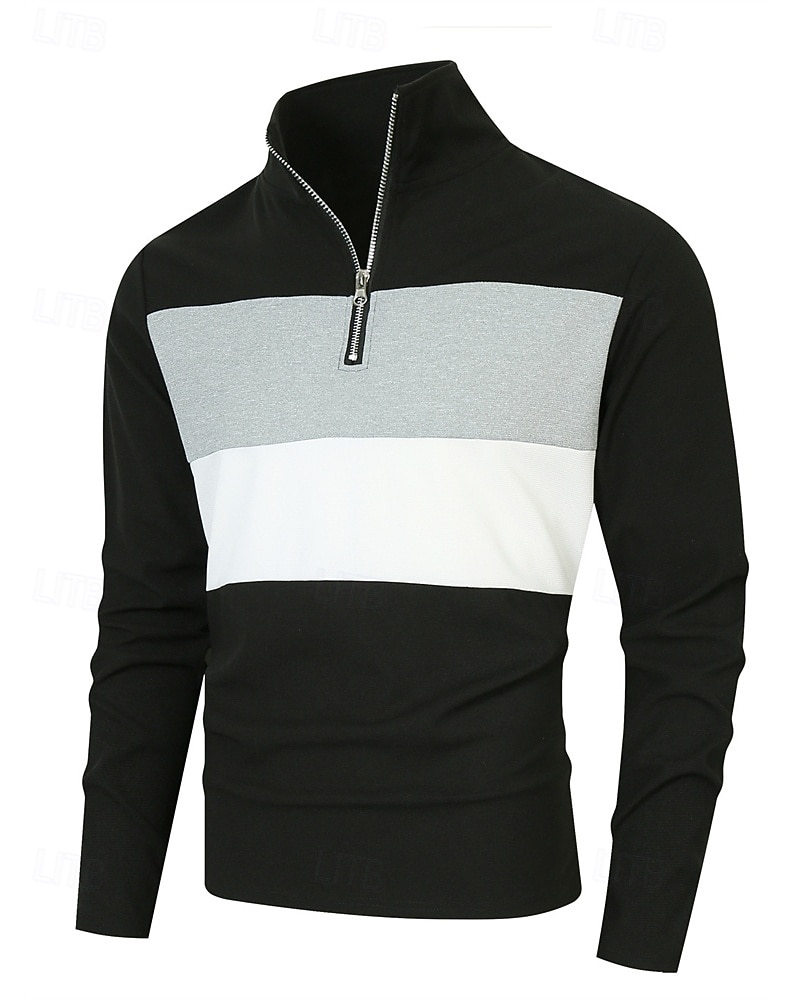 Herren Poloshirts Viertel-Reißverschluss-Poloshirt Alltagskleidung Date Viertelreißverschluss Langarm Mode Basic Farbblock Patchwork Reißverschluss Frühling Herbst Normale Passform Schwarz Wei 2025 - $18.99 –P15