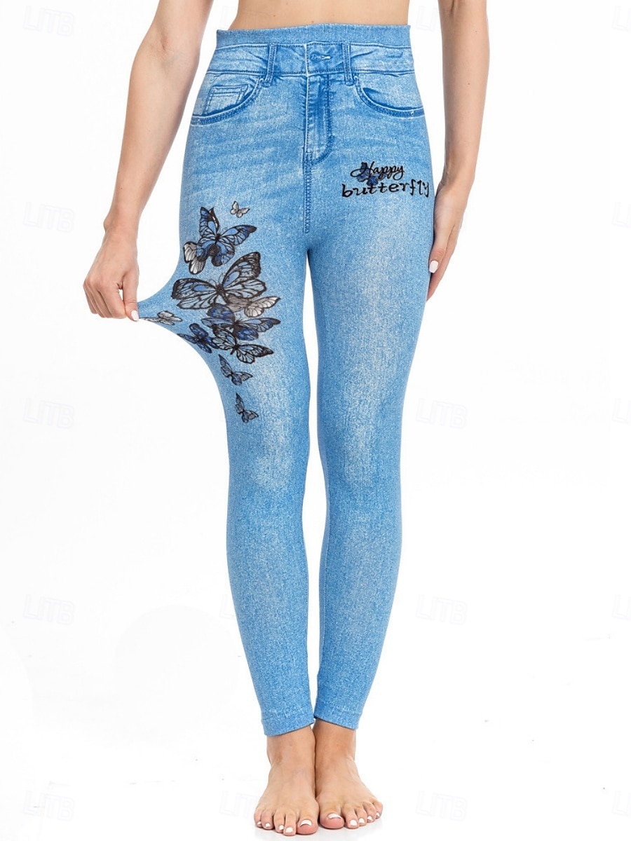 Dames Leggings Verontruste spijkerbroek Vakantie Vintage Casual Volledige lengte Hoge taille Bloemig Vlinder Elastische tailleband Opdrukken Zacht Comfortabel Rekbaar Buiten Straat blauw Luchtblauw 2026 - $24.99 –P19