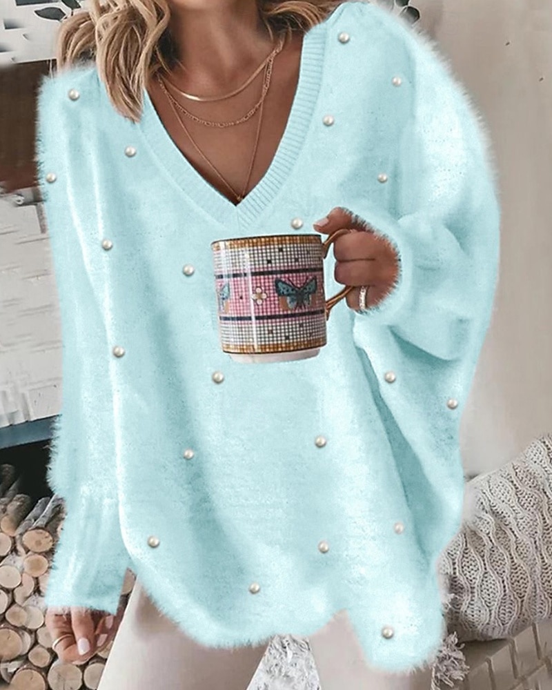 Maglione da donna, felpa, felpa con cappuccio, morbida e soffice, maglietta semplice, a coste, casual, manica lunga, scollo a V, per tutti i giorni, per uscire, per il fine settimana, blu, oversize del 2025 a $28.99 –P6