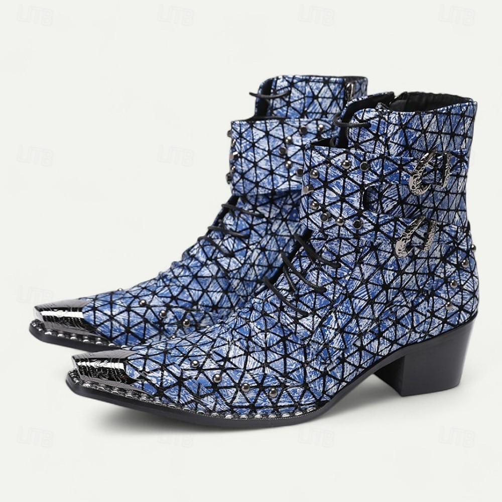 Pánské modré kotníkové boty s geometrickým potiskem – módní kovbojské boty na koncerty, streetwear a noční zábavu 2025 - $149.99 –P1