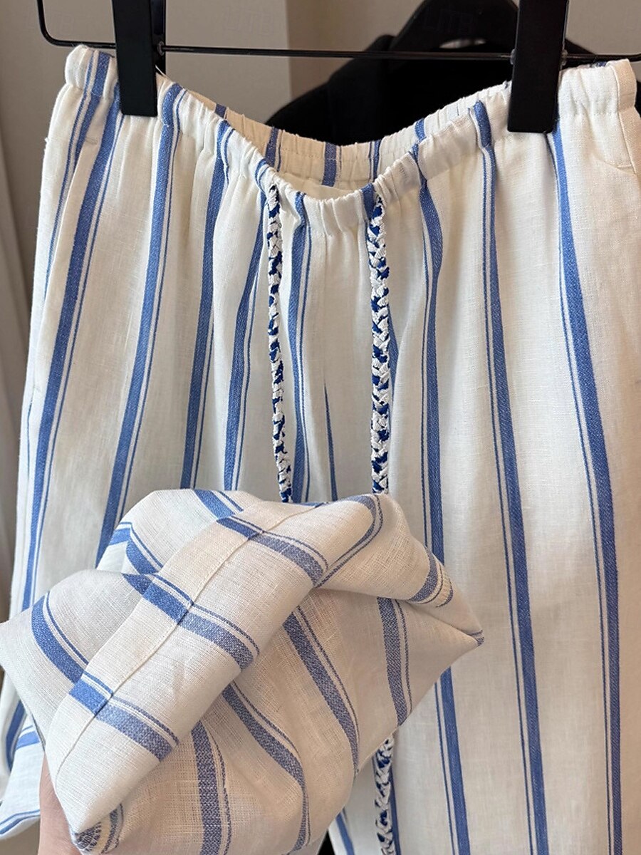 Dame Linbukser i bomull Frekk Ferie Årgang Etnisk stil Full lengde Medium Midje Stripet Snorer Lomme Elastisk midje comfy Pusteevne Myk Uelastisk Feriereise Hjem Gate Blå og hvite striper Sommer Vår 2025 - $40.99 –P4