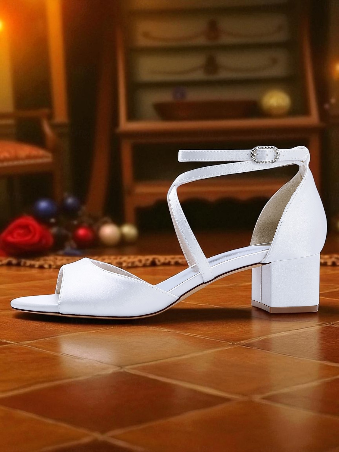Sandale damă din satin cu toc bloc și bareta la gleznă - pantofi eleganti cu vârful deschis pentru cocktailuri și ținute de seară 2026 - $64.99 –P5