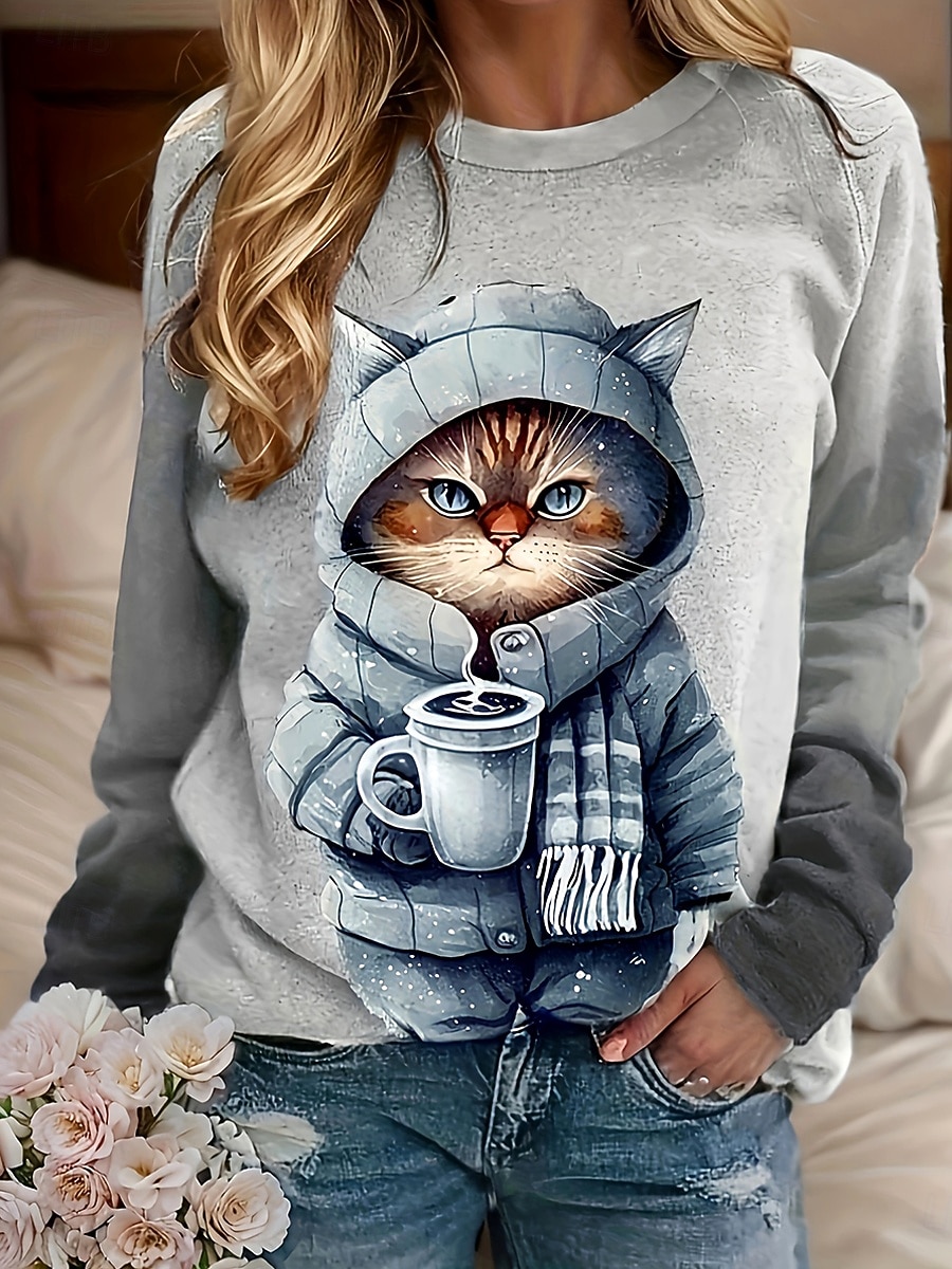 Damen Pullover Sweatshirt Patchwork Druck Grafik Tiermotiv Katze Warm Aktiv Vintage Langarm Rundhalsausschnitt Normale Oberteile Lässig Straße Alltagskleidung Khaki Grau Frühling Herbst Winter 2026 - $28.99 –P1
