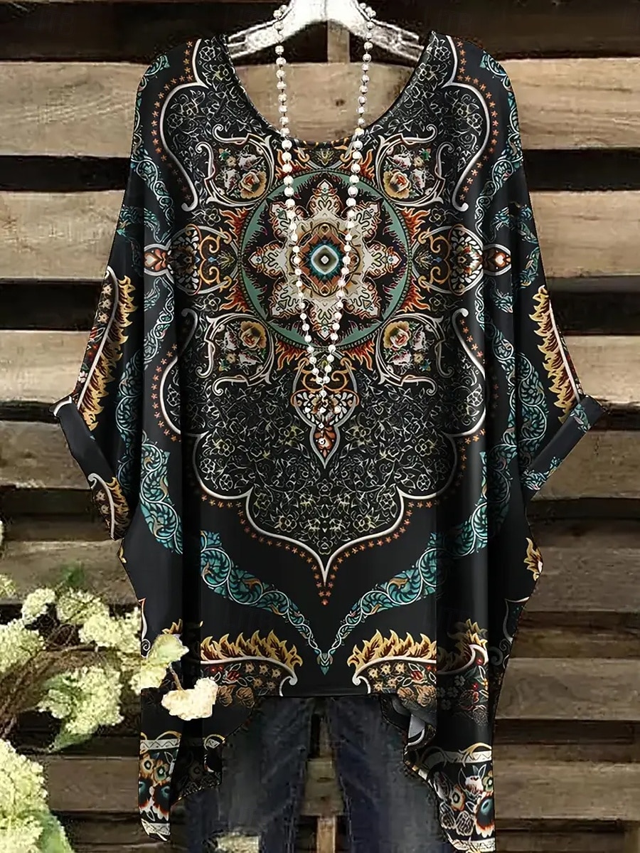 Жен. Блуза Ассиметричный Графика Геометрический принт Винтаж Повседневные На каждый день Рукав до локтя Летучая мышь Вырез под горло Обычные топы Повседневные Праздники Одежда для пляжа 2026 - $26.99 –P11