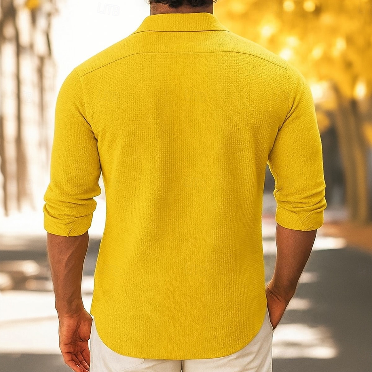 Herren Hemd Freizeithemd Knopfhemd Waffelstrickhemd Gelb Langarm Einfarbig Einfach Kragen Urlaub Lässig Tasche Bekleidung Mode Lässig 2025 - $23.99 –P2