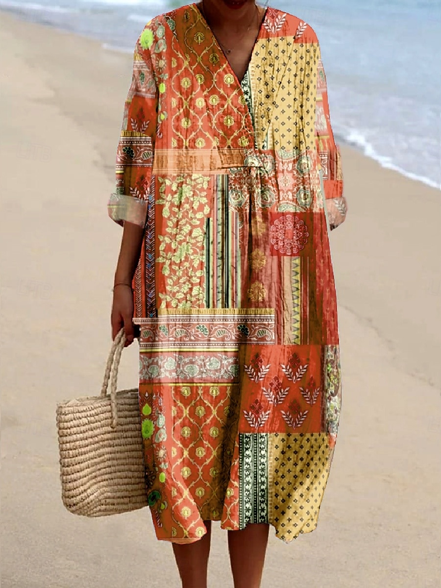 Pentru femei Rochii Midi Rochie de Vară Rochie casual Rochie A line Vacanță Casual Boho Plajă Petrecere Concediu Potrivire Largă Floral Grafic Imprimeu Paisley Manșon Lung În V Albastru piscin 2026 - $37.99 –P4